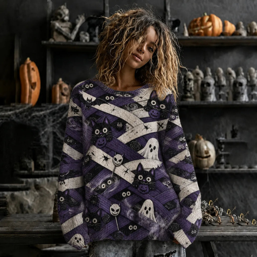 Women's Halloween Scary Pumpkin Face Cat Art Pattern Cozy Knit Sweater