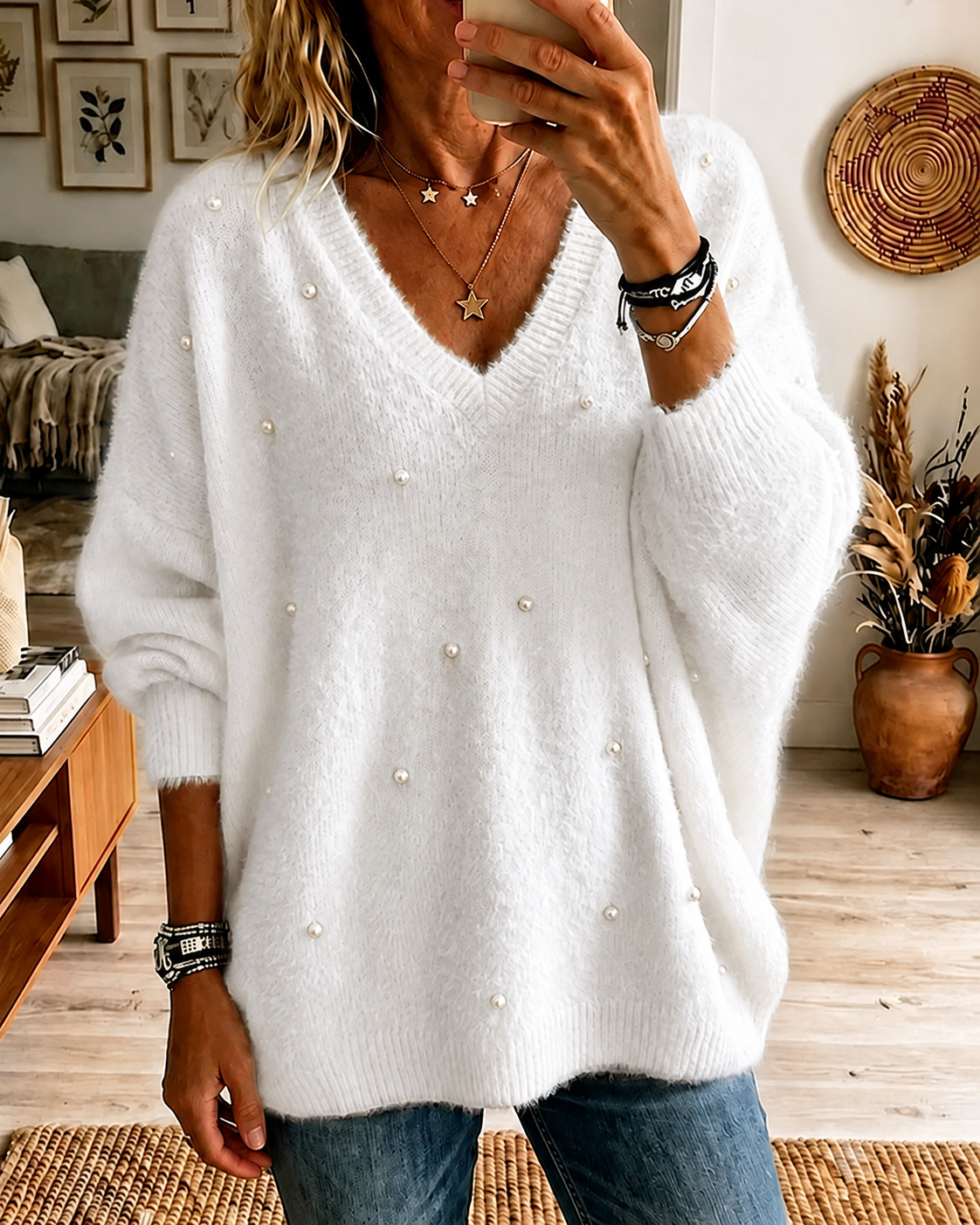 Women'S Solid Color Multi-Color Nail Bead Pullover Sweater Top