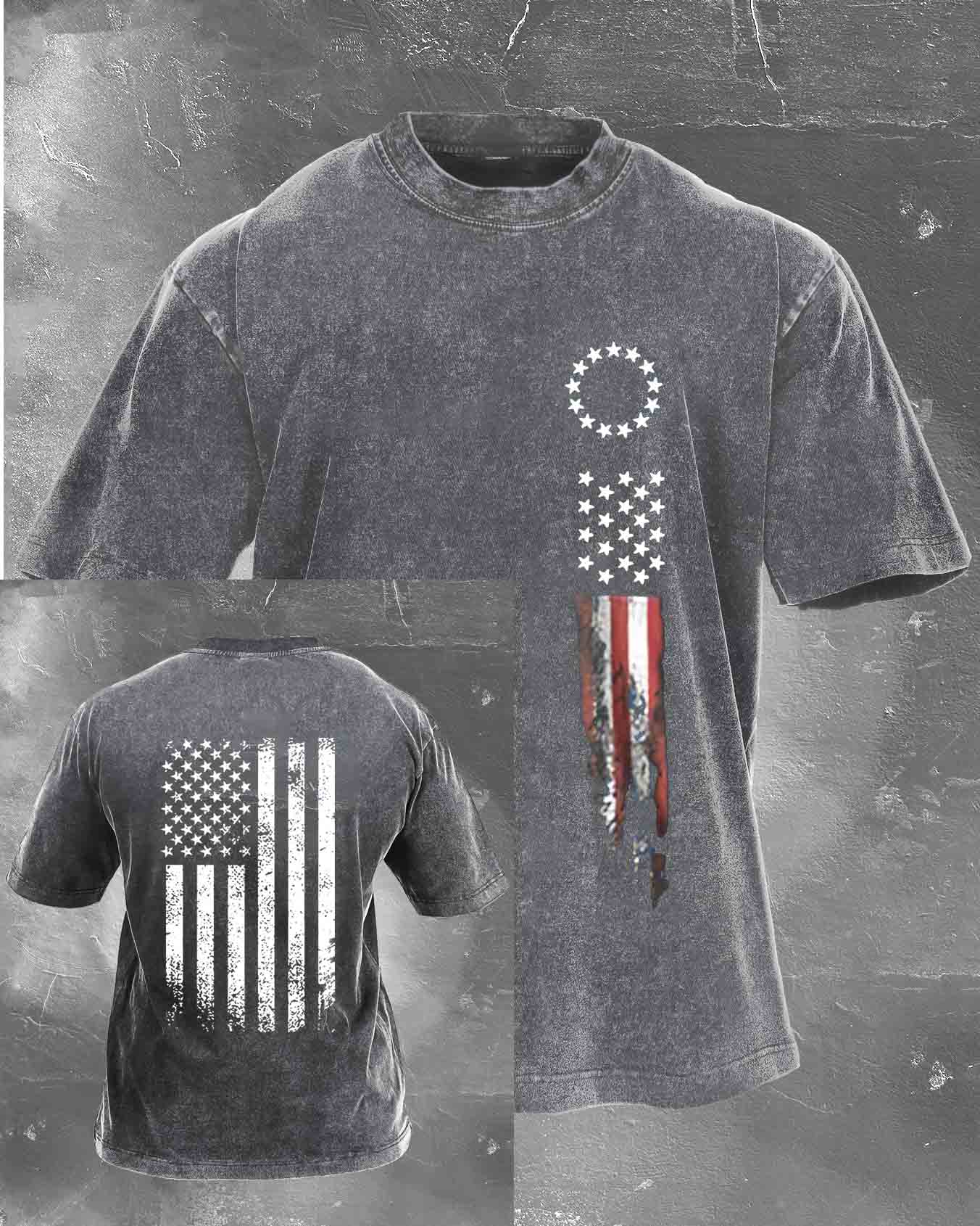 Amierica Flag Pattern Washed Distressed Crew Neck 100% Cototon T-Shirt
