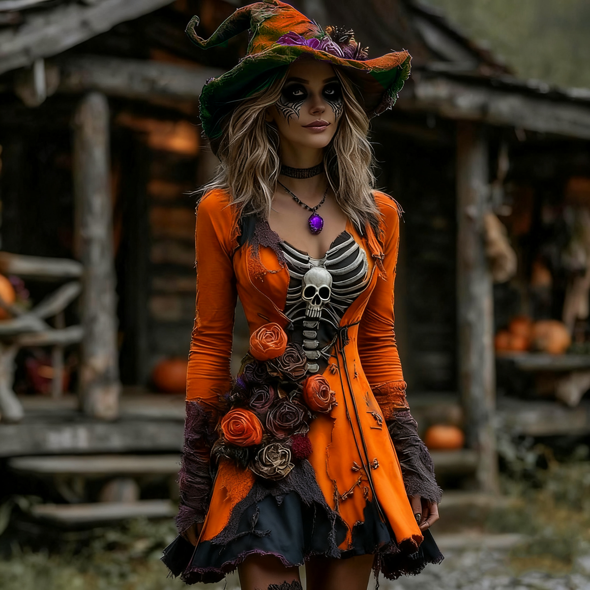 Women's Halloween Rose Skeleton  Cosplay Midi Dress