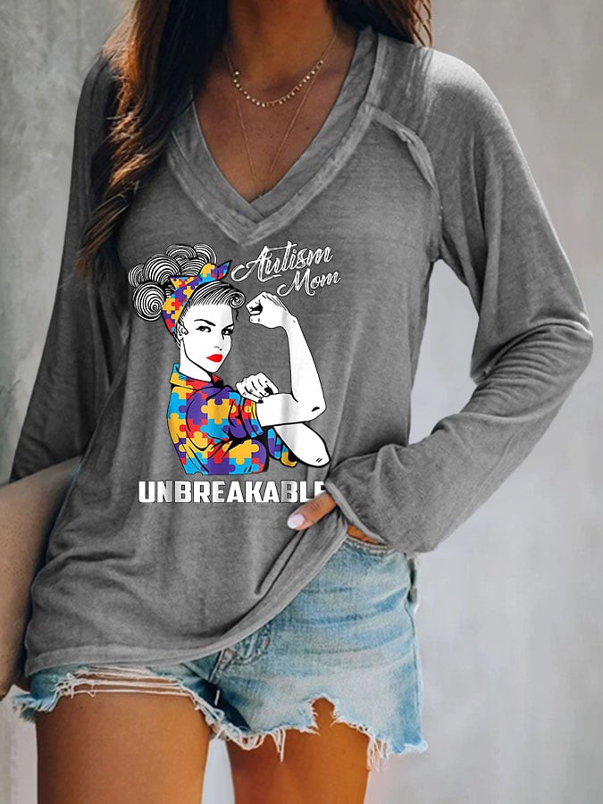 Women'S Autism Mom Unbreakable V Neck Sleeve T-Shirt