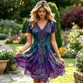 Women's Retro Floral & Celtic Knot Art Short Sleeve Mini Dress