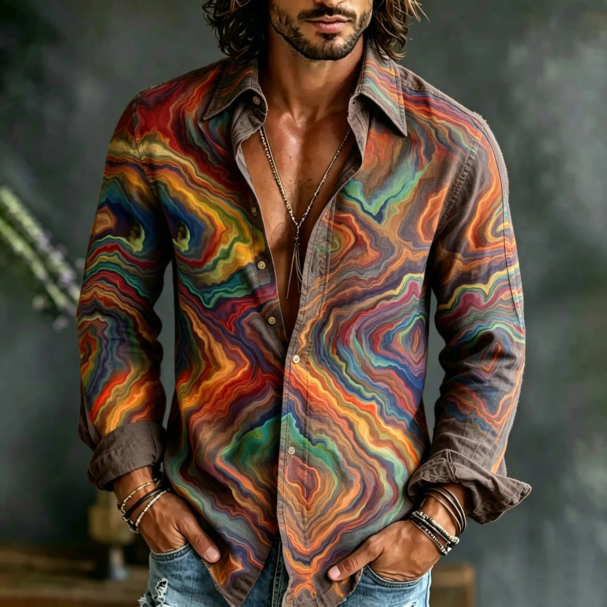 Men's Retro Hippie Style Abstract Art Print Linen Blend Long-sleeve Shirt