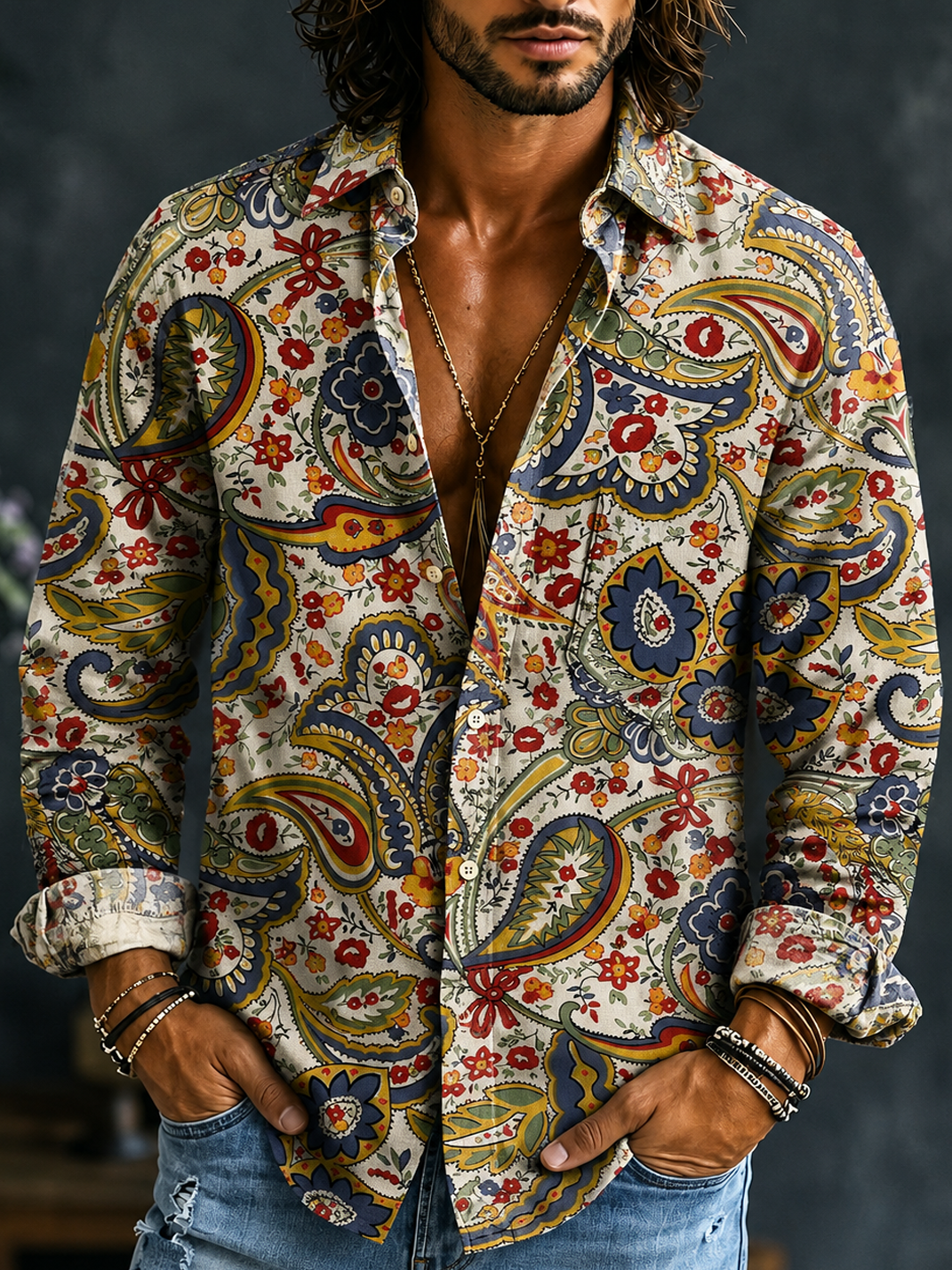 Men's Vintage 1970s Aloha Hippie Floral Long Sleeve Shirt