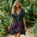 Women's Vintage Purple Rose Embroidered Gradient Pattern Casual V-neck Dress