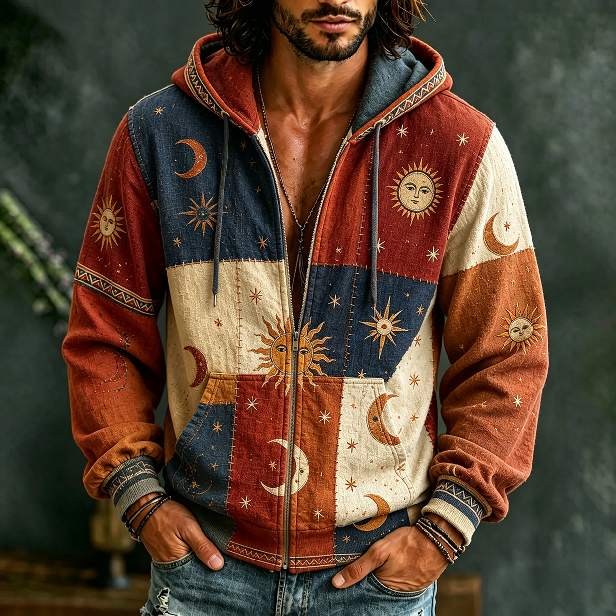 Men's Vintage Sun Moon Star  Patchwork Art Cozy Warm Zipper Hoodie