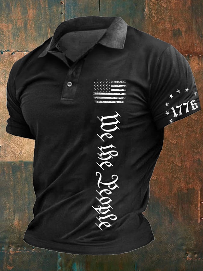 Men's Vintage American Flag Print Casual Polo Shirt
