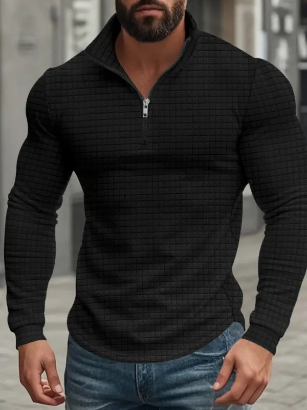 Men's American Retro Autumn And Winter Half-Zip Small Plaid Casual Stand-Up Collar Long-Sleeved Sweatshirt