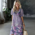 Women's Vintage Floral Art Print Linen Blend Round Neck Short Sleeve Dress