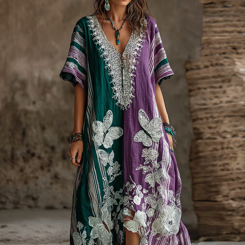 Butterfly Flower Lace Embroidery Patchwork Striped Design Women's Summer Linen Dress
