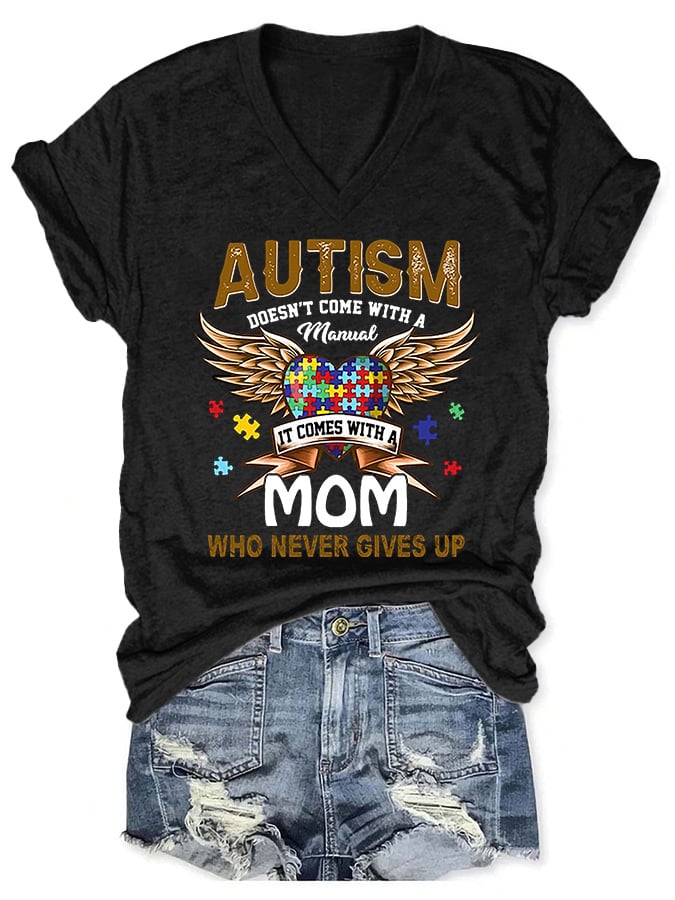 V-neck Autism Mom Print T-Shirt