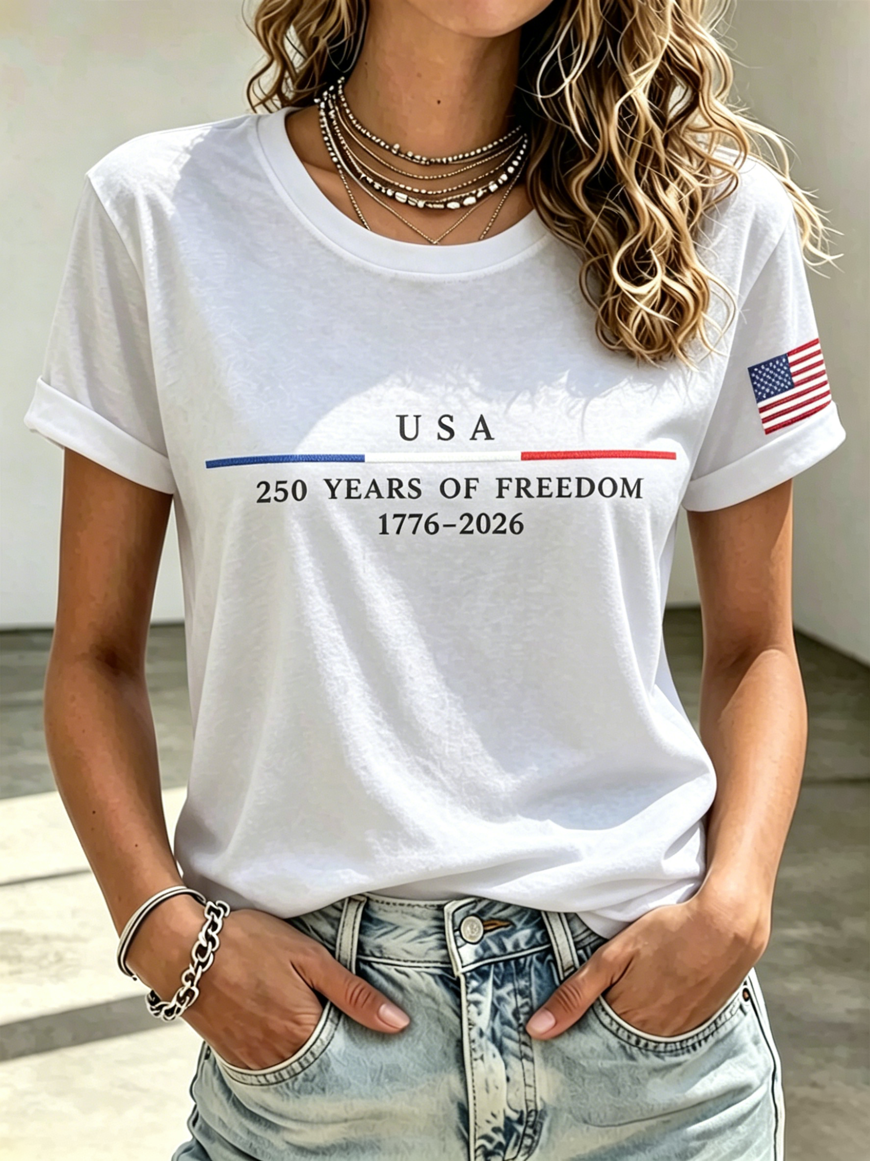 Ladies' Casual American 250Th Anniversary Embroidered Commemorative Round Neck Short Sleeved T-Shirt