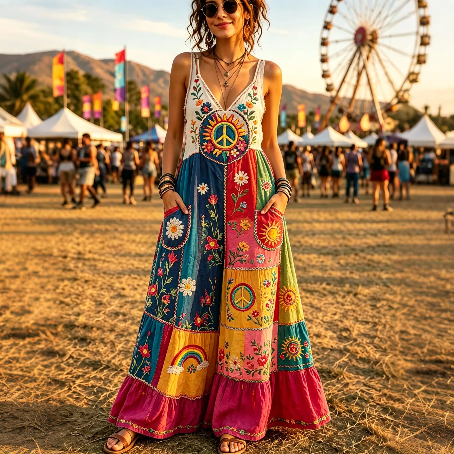 Women's Hippie Retro Vacation Ethnic Patchwork Linen Dress