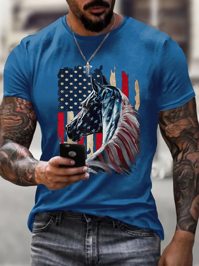 Men's July 4th Horse With USA Flag Print Short Sleeve T-Shirt
