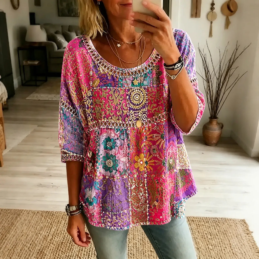 Women's Retro Hippie Floral Patchwork Art Linen Blend T-shirt
