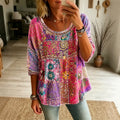 Women's Retro Hippie Floral Patchwork Art Linen Blend T-shirt