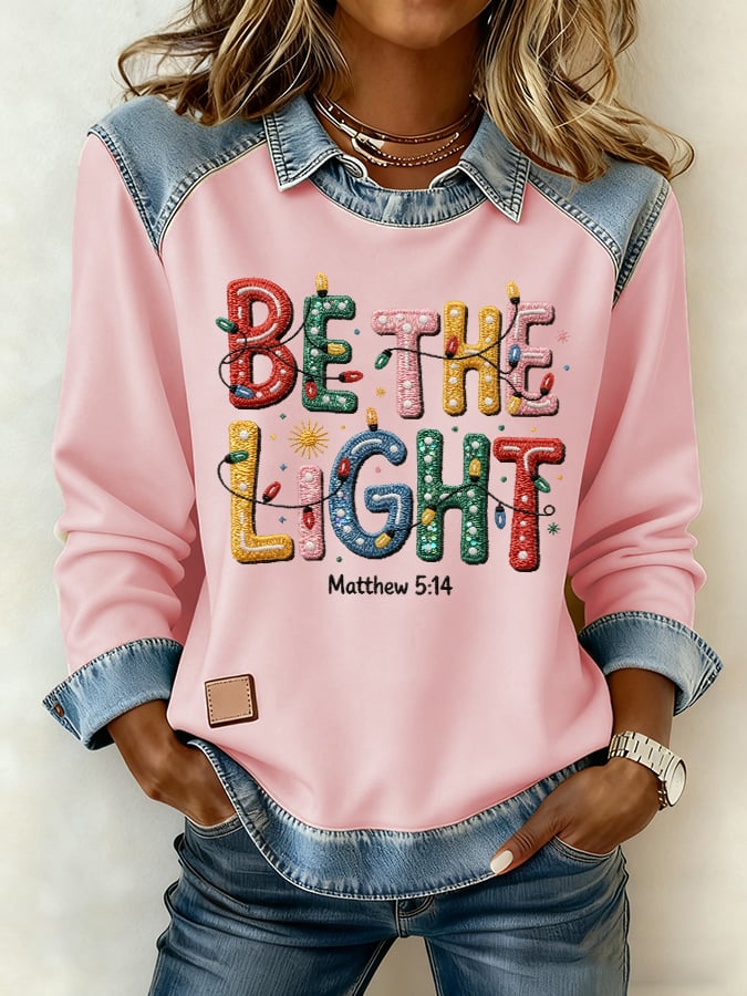 Women's casual autumn and winter look: denim patchwork sweatshirt