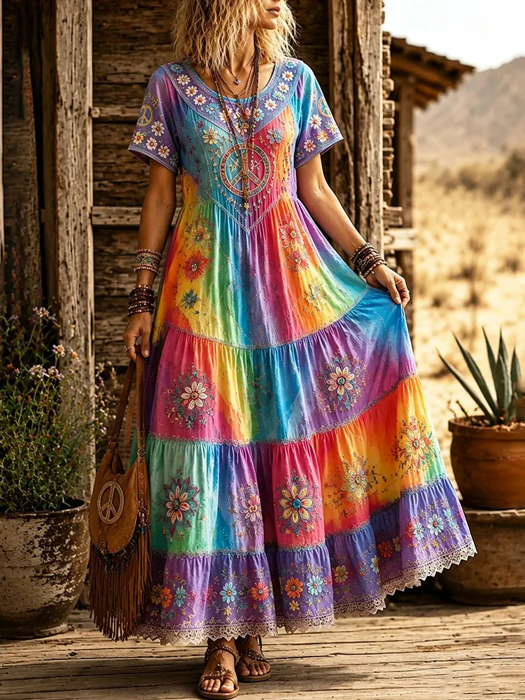 Women's Hippie Floral Peace Sign Contrast Patchwork Round Neck Dress