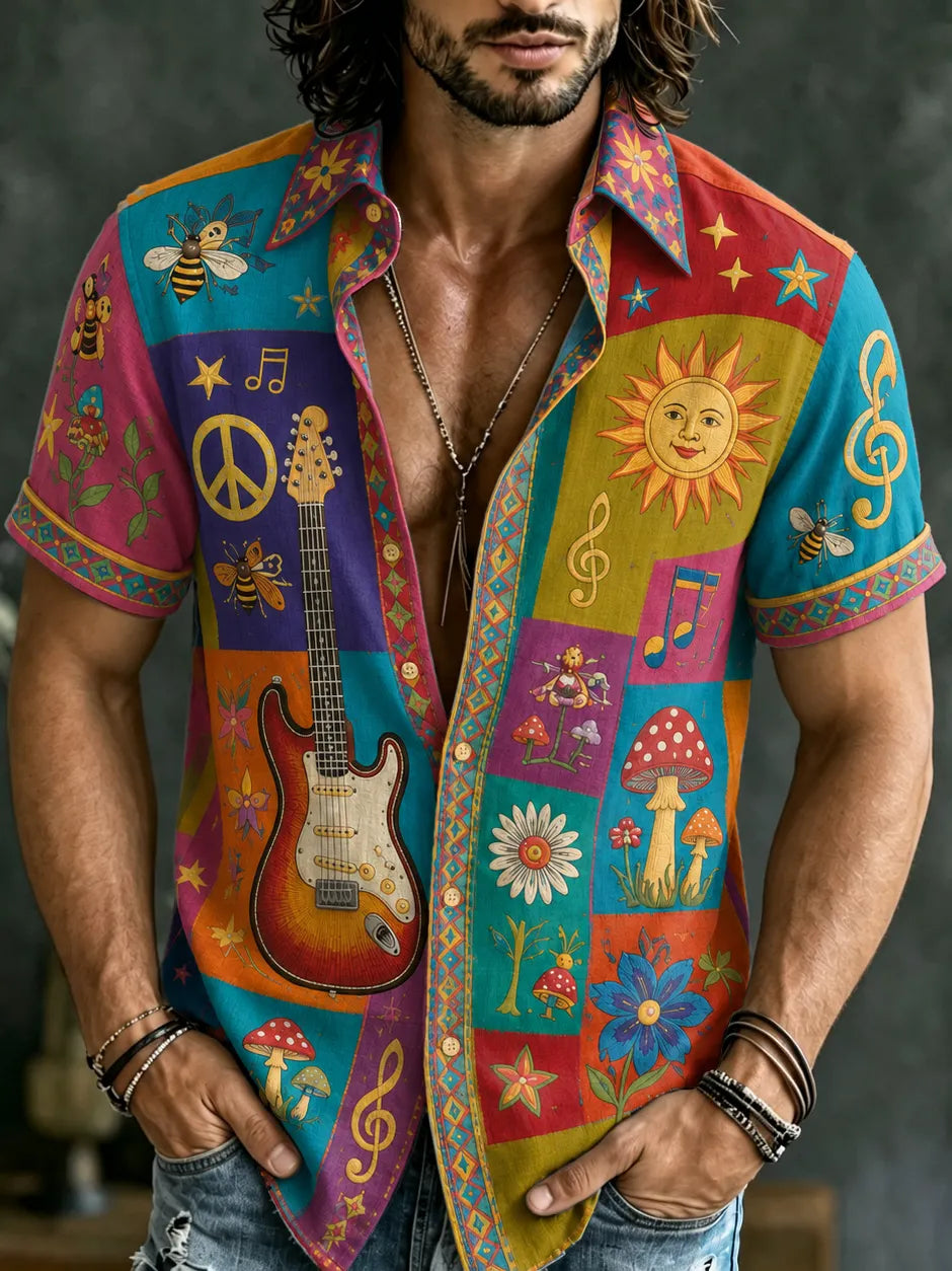 Men's Hippie Peace Guitar Patchwork Art Pattern Casual Shirt