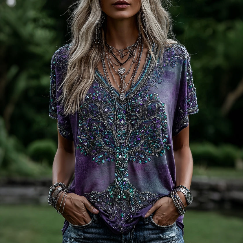 Women's Vintage Purple Floral Embroidered Pattern Art Casual T-shirt