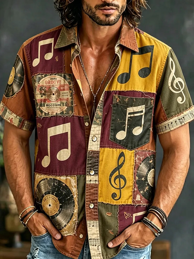 Men's Hippie Music Patchwork Art Print Casual Shirt