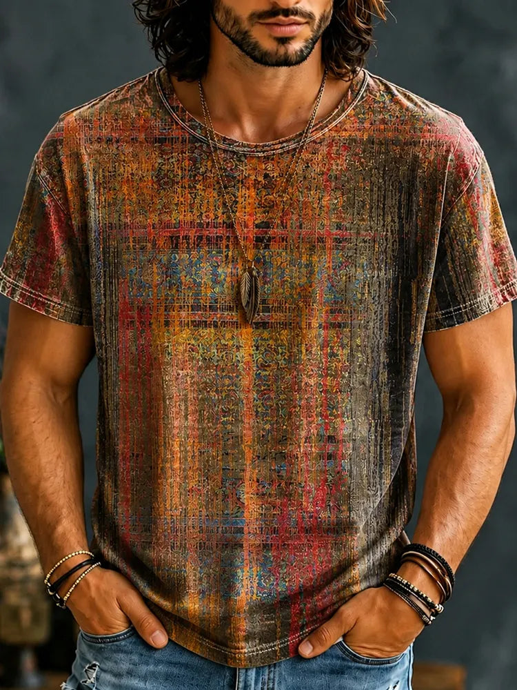 Men's Hippie Vintage Distressed Plaid Texture Print Short Sleeve T-shirt