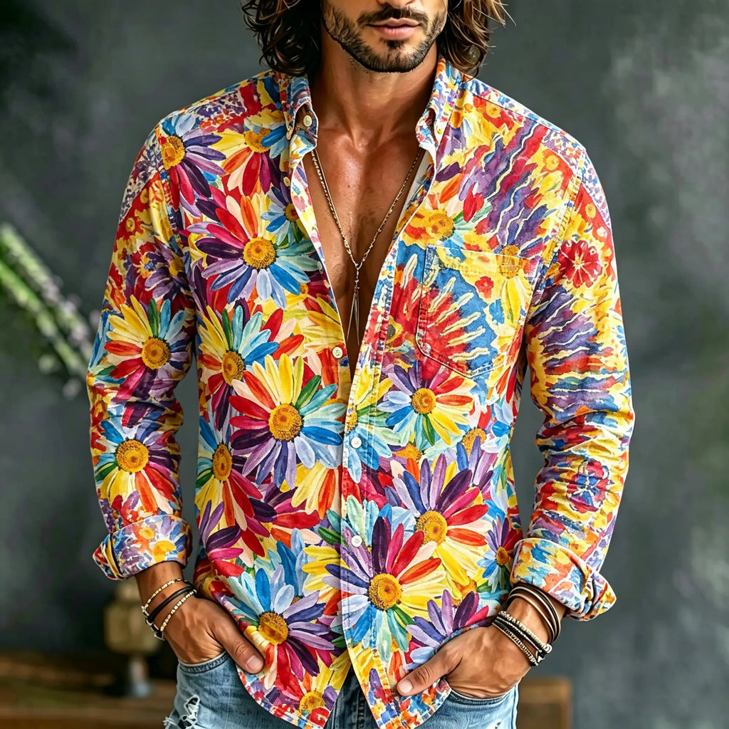 Men's Retro Hippie Floral Tie-dye Print Long-sleeve Cotton Linen Shirt