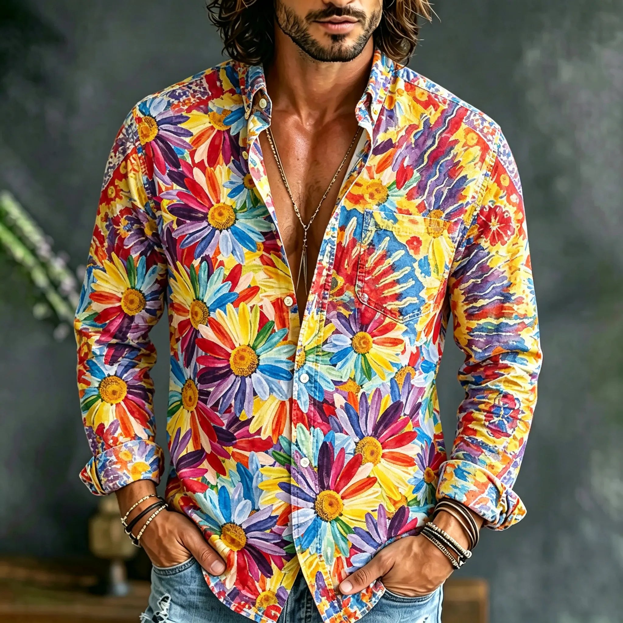 Men's Retro Hippie Floral Tie-dye Print Long-sleeve Cotton Linen Shirt