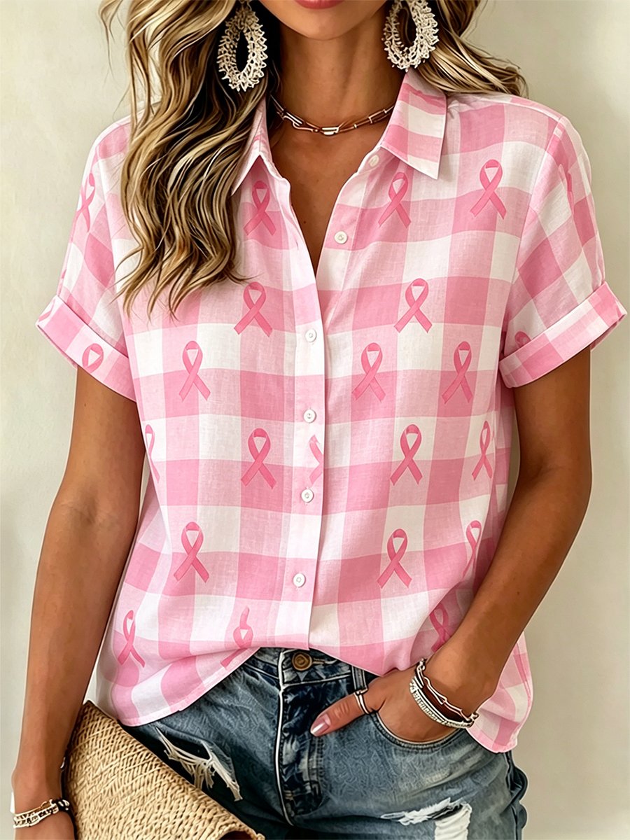 Women's Breast Cancer Awareness & Prevention Art Design Plaid Short-Sleeve Shirt