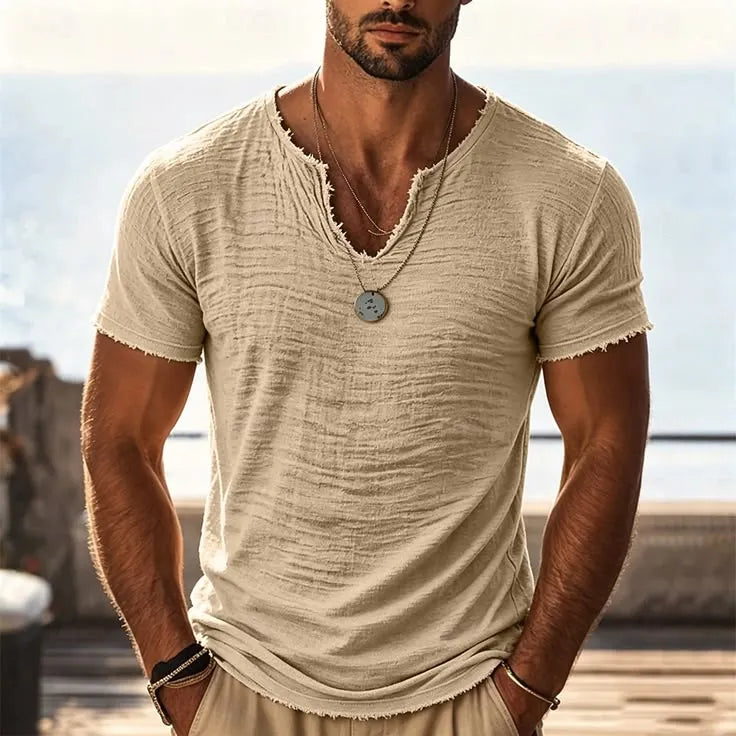 Men's Retro Cotton-Linen Short-Sleeve T-Shirt with Frayed Edges and Unique V-Neck