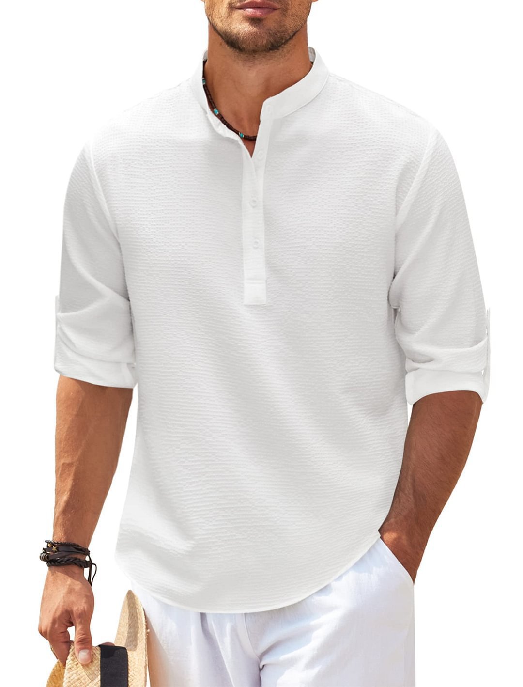 Men's Regular Fit Solid Color Waffle-knit Jacquard Long Sleeve Tee