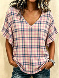 Women's Pink Plaid Print V-Neck Casual T-Shirt