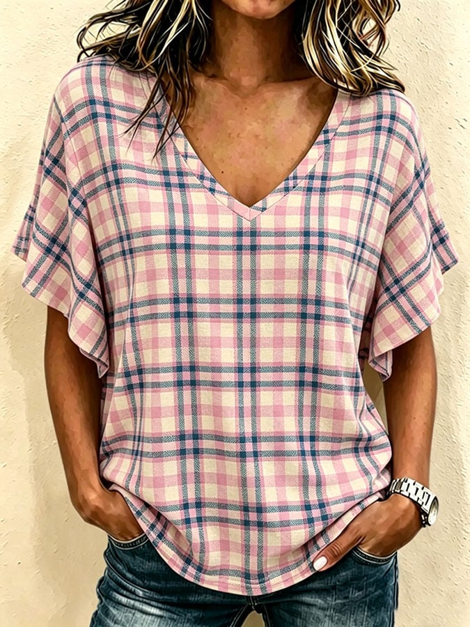 Women's Pink Plaid Print V-Neck Casual T-Shirt