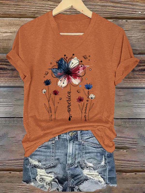 America1776-2026 Faith Freedom Pride Pattern Print V Neck Casual T-Shirt