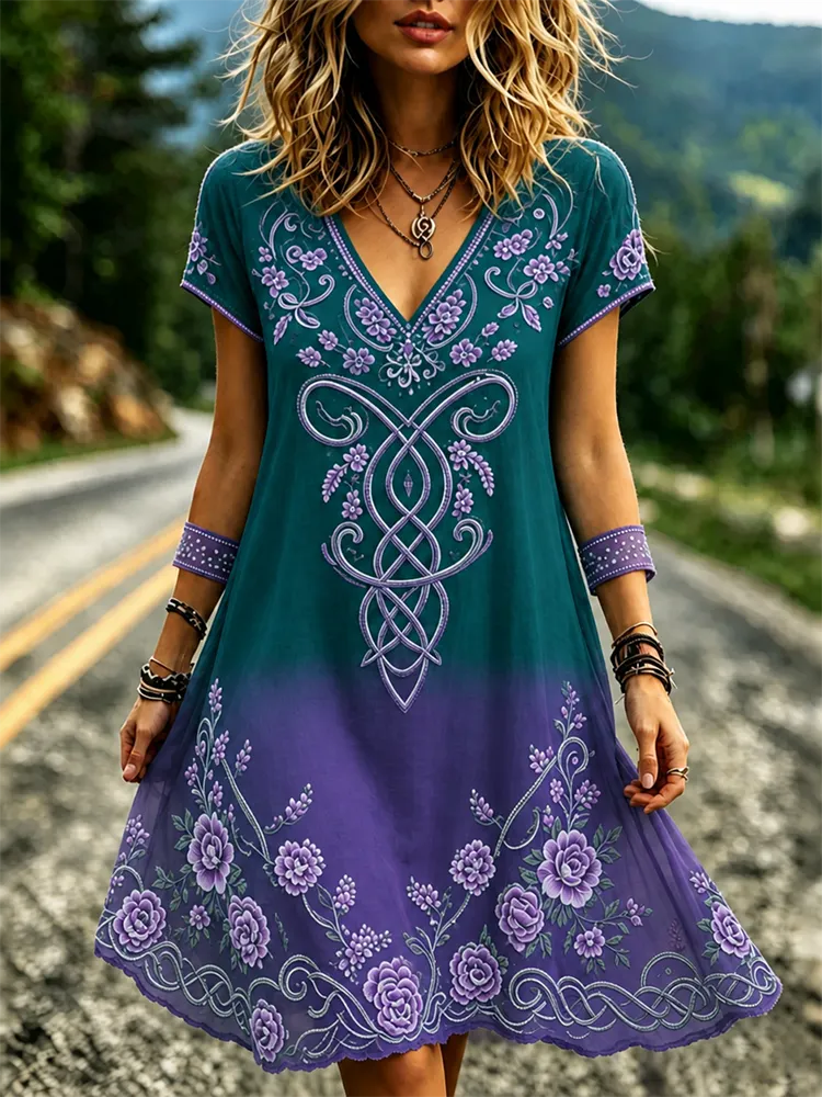 Women's Retro Floral Gradient Cotton Linen V-neck Short-sleeve Dress