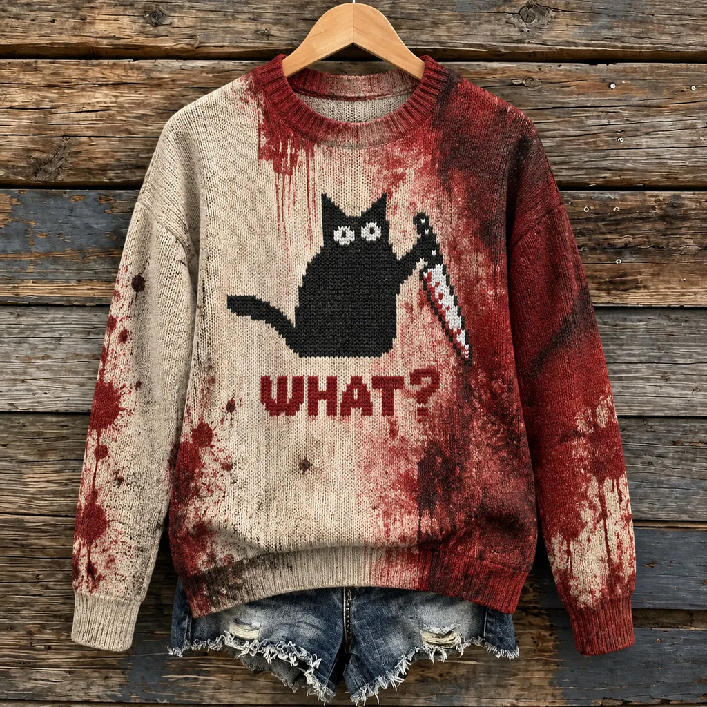 Women's Retro Cat And Bloodstain Print Sweater