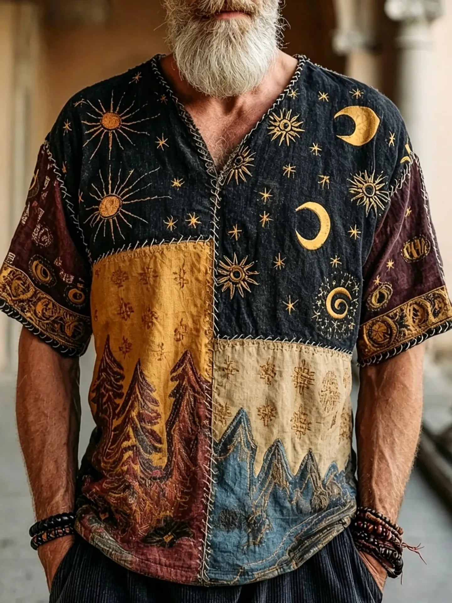 Men's Hippie Style Star Moon Embroidery Color Blocking Linen T-shirt
