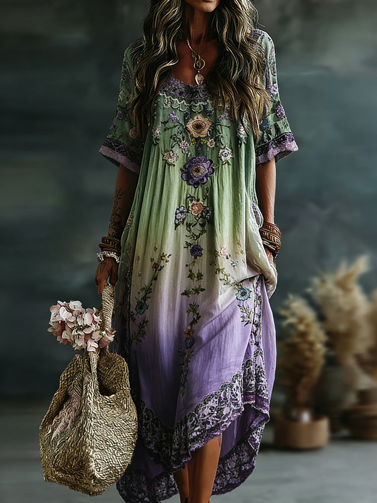 Classy Gradient Purple Lavender And Floral Short Sleeve Linen Maxi Dress