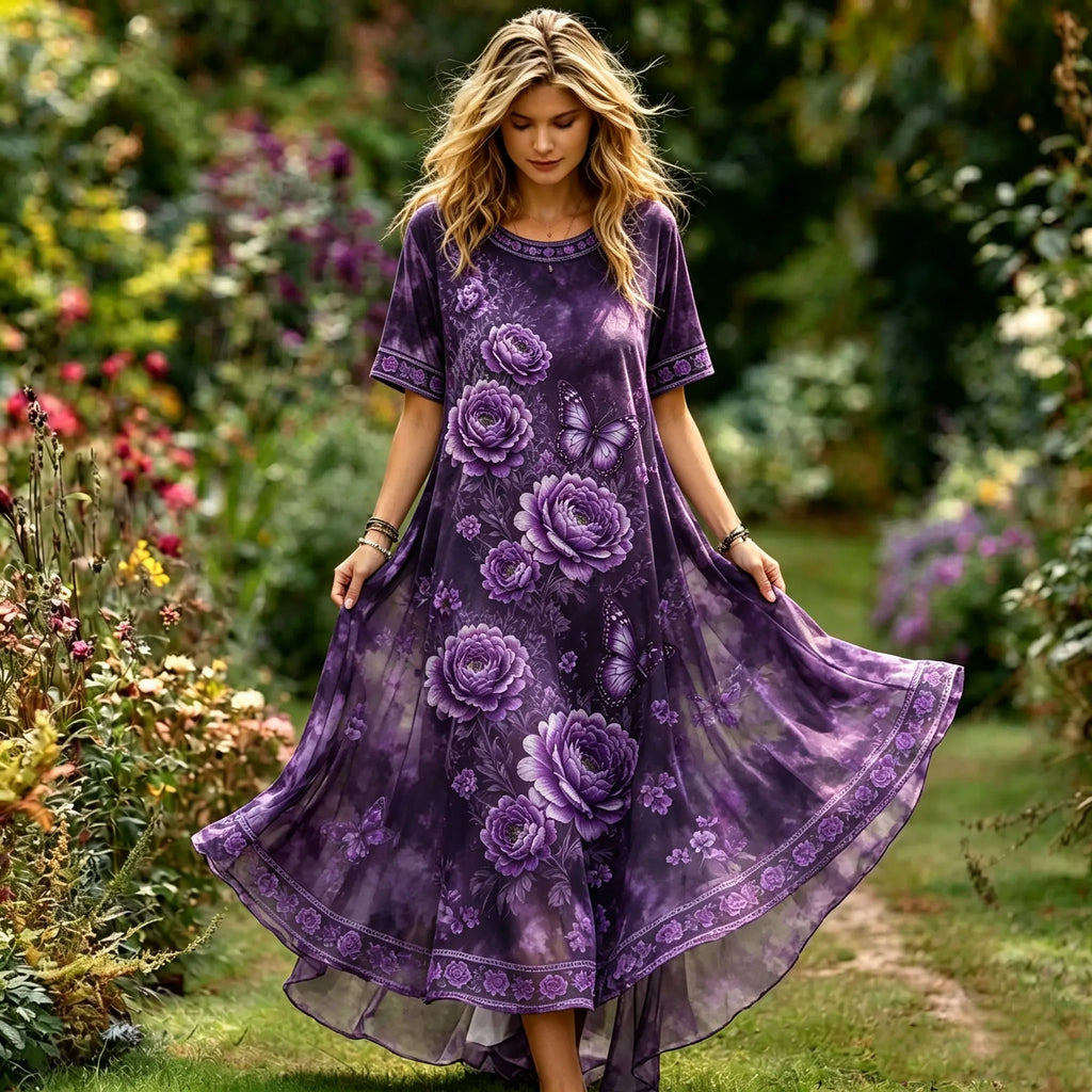 Women's Vintage Celtic Knot And Purple Floral Pattern Casual Round Neck Dress