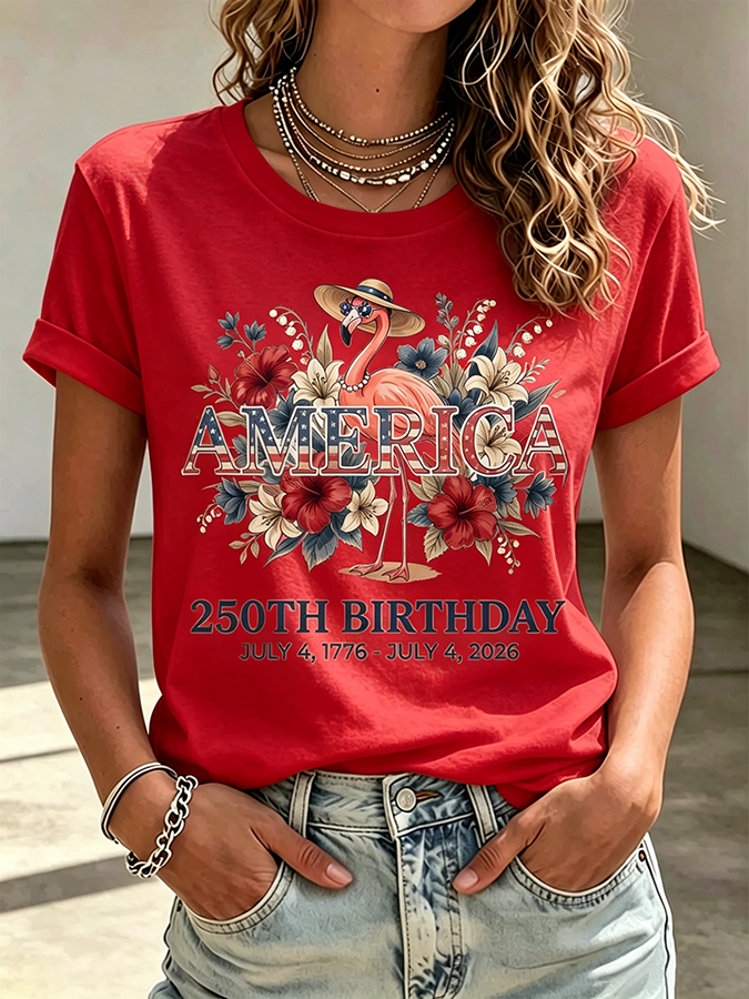 Ladies' Casual American 250Th Anniversary Flamingo Floral Commemorative Round Neck Short Sleeved T-Shirt