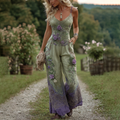 Vintage Classy Gradient Purple Lavender And Floral Embroidered Pattern Art Cotton Linen Jumpsuit