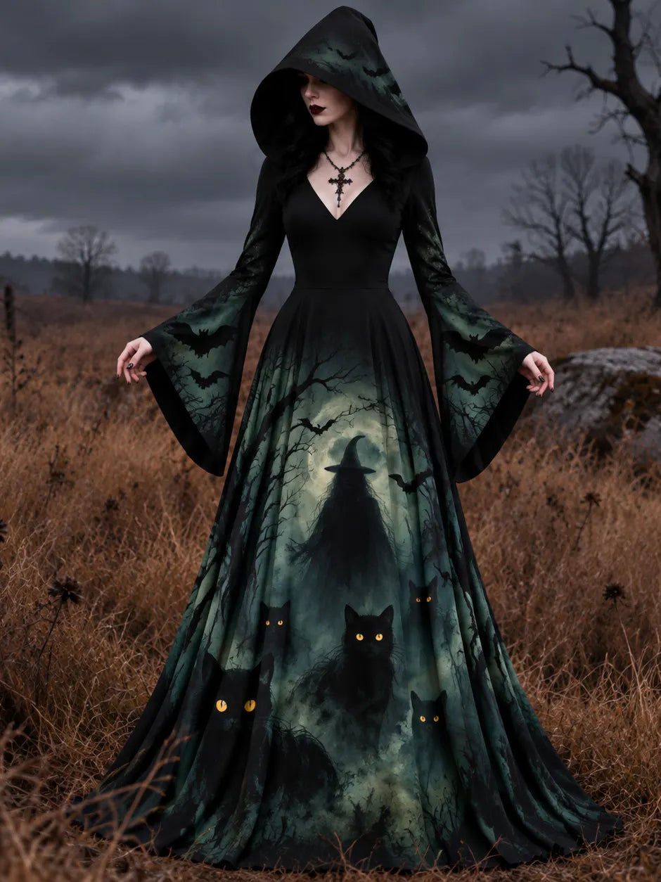 Women's Halloween Wizard Black Cat Art Long-sleeve Hooded Long Dress