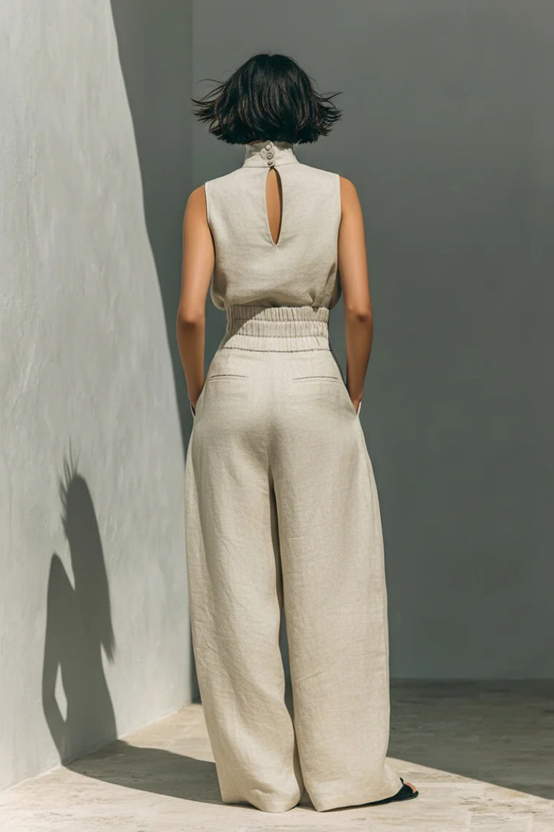 Women's Minimalist Cotton And Linen Blend Sleeveless Blouse And Wide-leg Pants Set