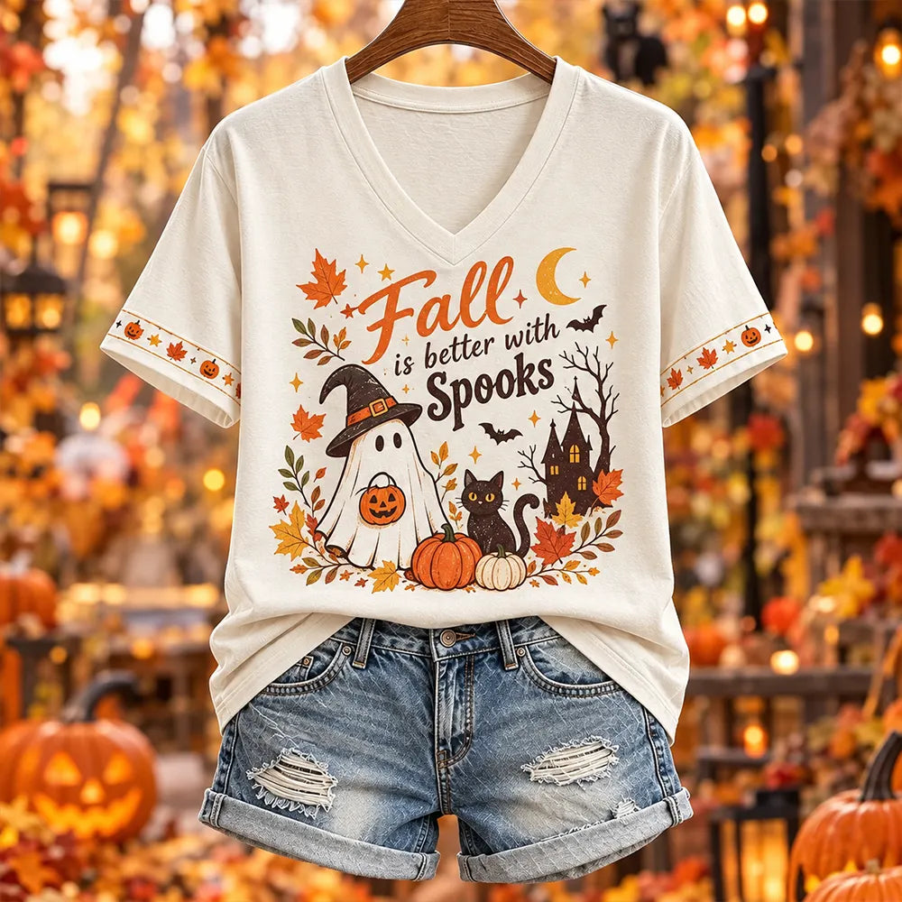 Women's "fall Is Better With Spooks" Ghost And Cat V-neck T-shirt