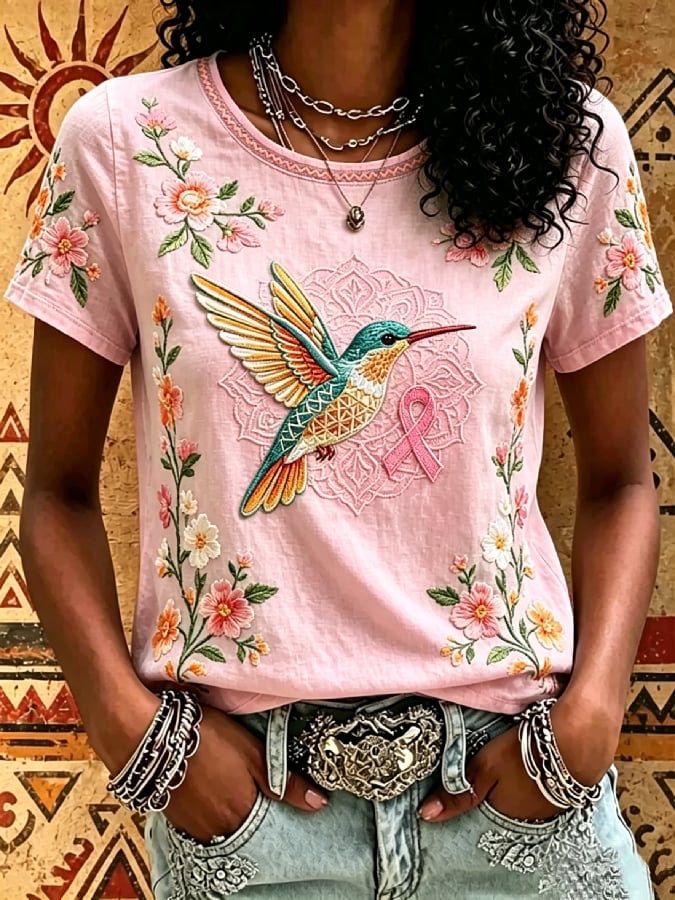 Women's Breast Cancer Awareness Short-Sleeve T-Shirt with Hummingbird Print