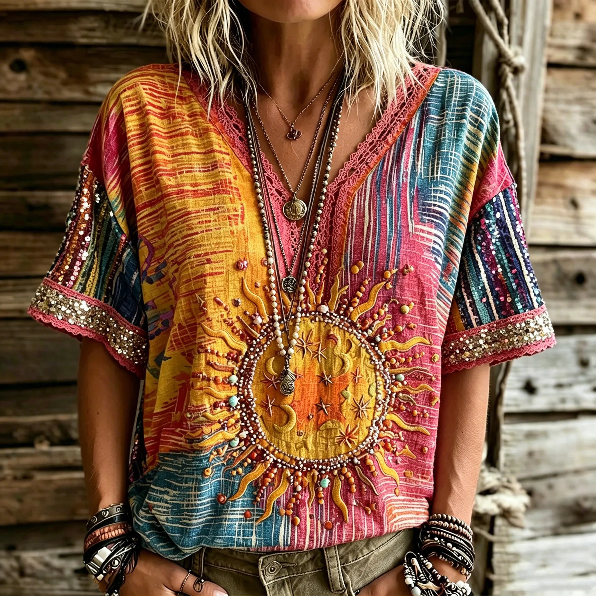 Women's Retro Star And Moon Embroidered Print V-neck Top