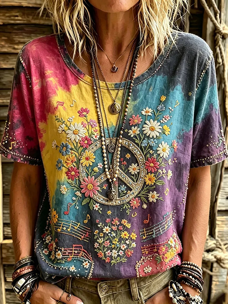 Women's Retro Tie-dye Hippie Peace Logo Floral Art Embroidery Casual Cotton Linen T-shirt