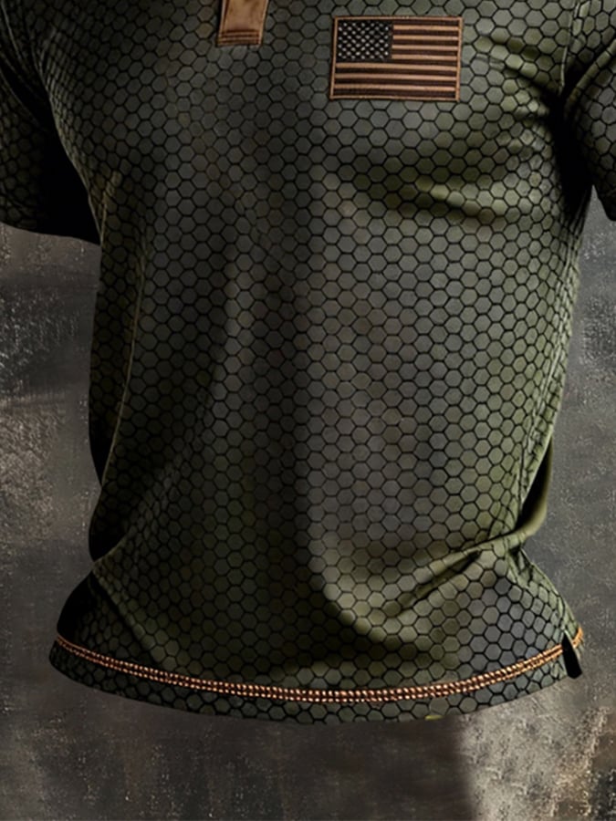 Men's Retro Patriotic Color-Block Short-Sleeve Henley T-Shirt