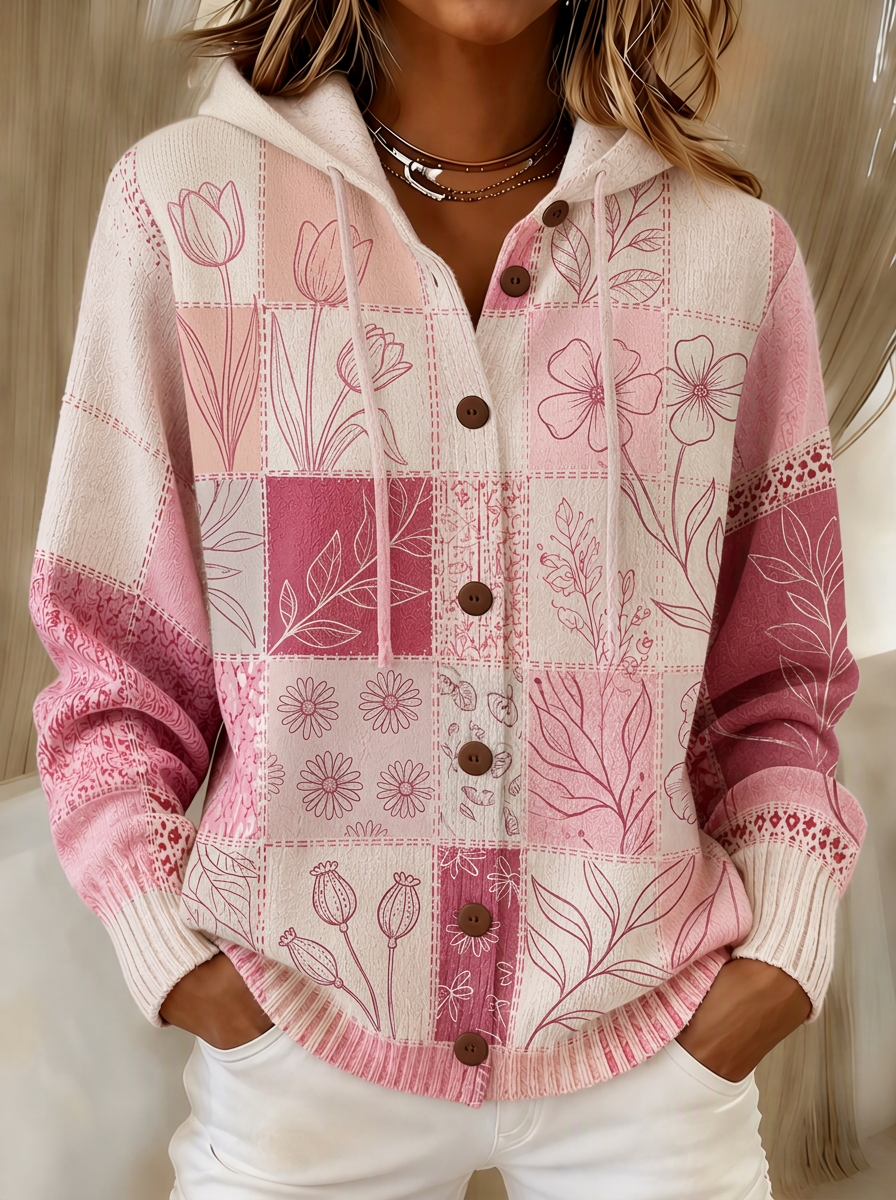 Women's Breast Cancer Awareness Pink Floral Patchwork Printed Cardigan