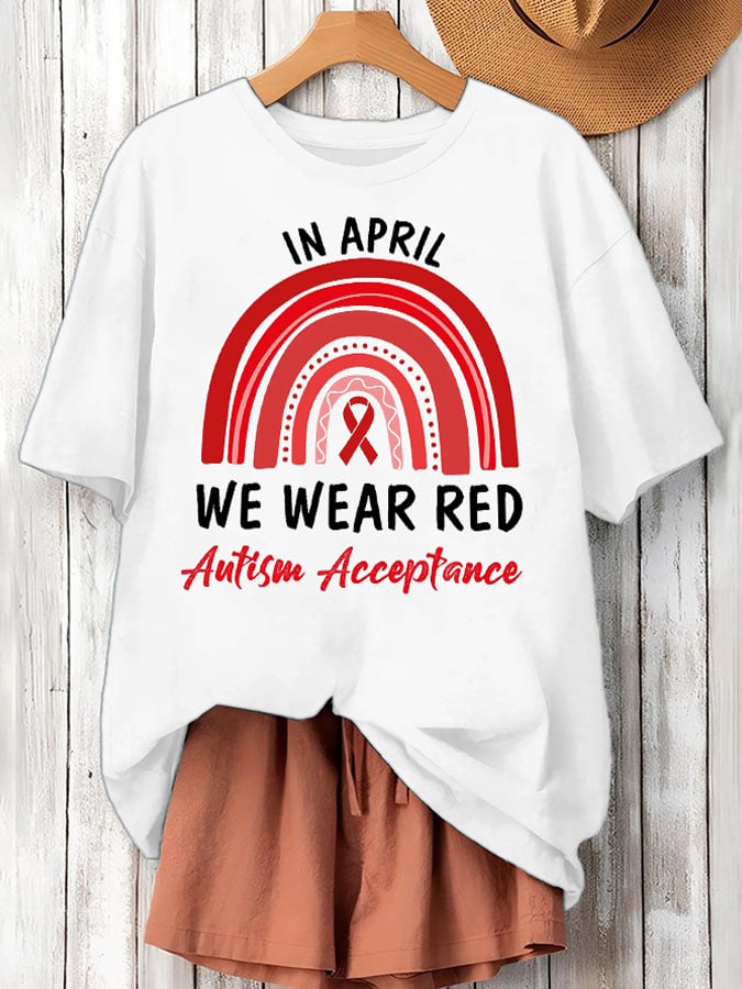 Women's In April We Wear Red Autism Acceptance Printed Short-Sleeved T-Shirt
